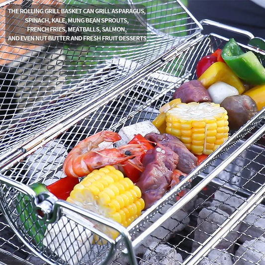 Stainless Steel Rolling BBQ Grill Mesh Basket