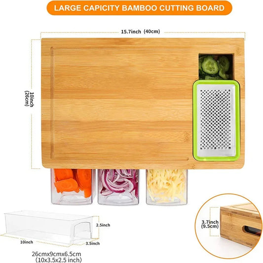 Multi-Functional Bamboo Cutting Board with Drawer and Kitchen Tool Set