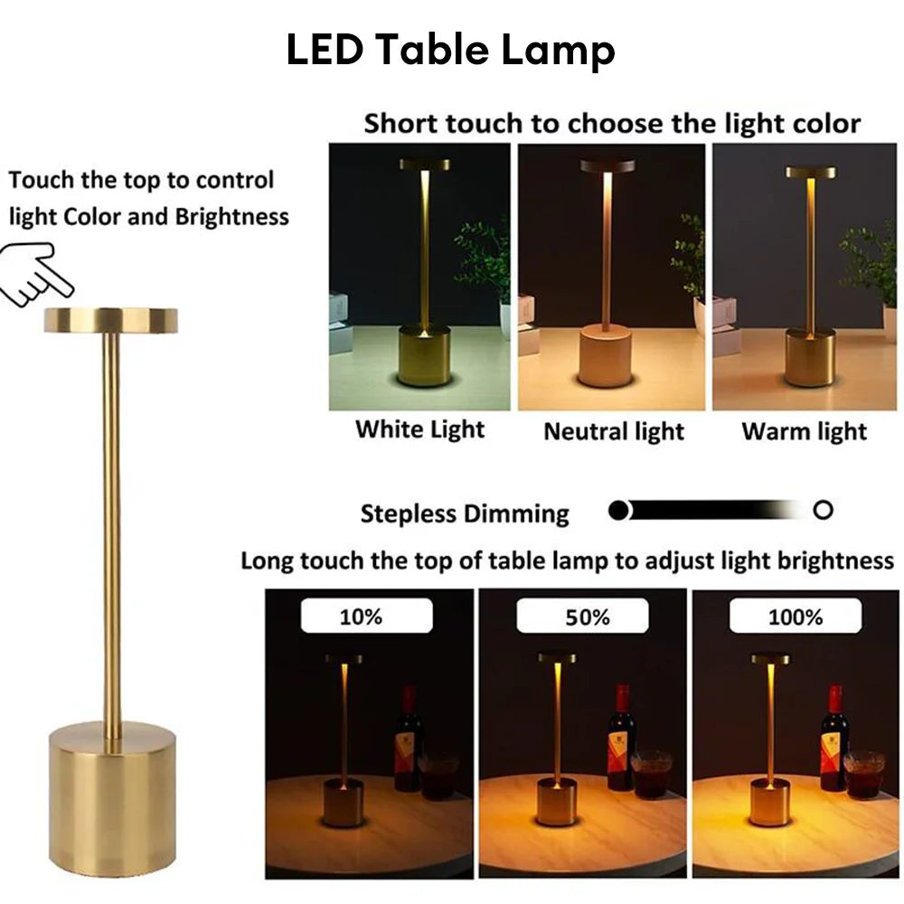 Classic Rechargeable Touch Table Lamp – Stepless Dimming & 3 Color Modes
