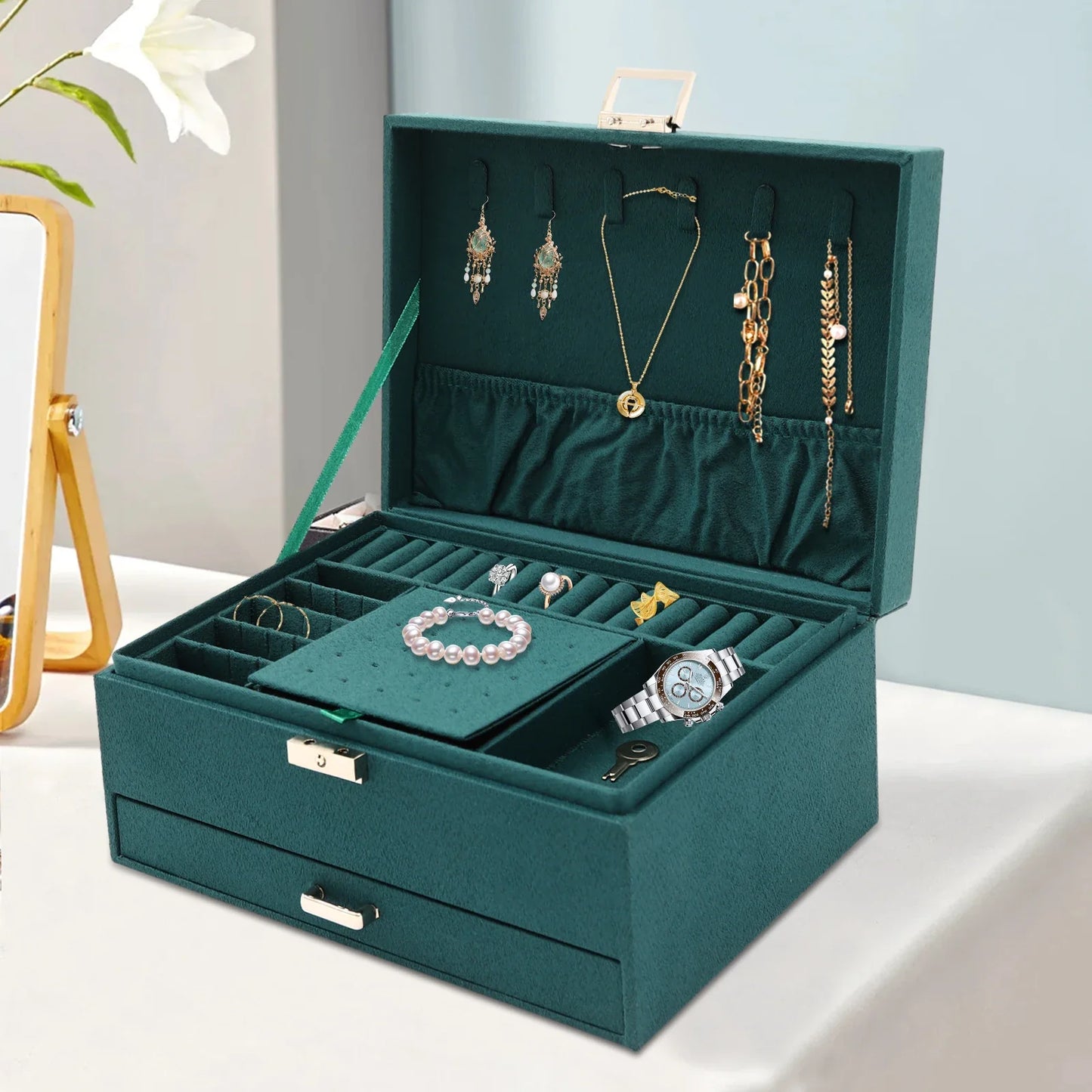 Emerald Luxe 3-Tier Jewelry Organizer Box