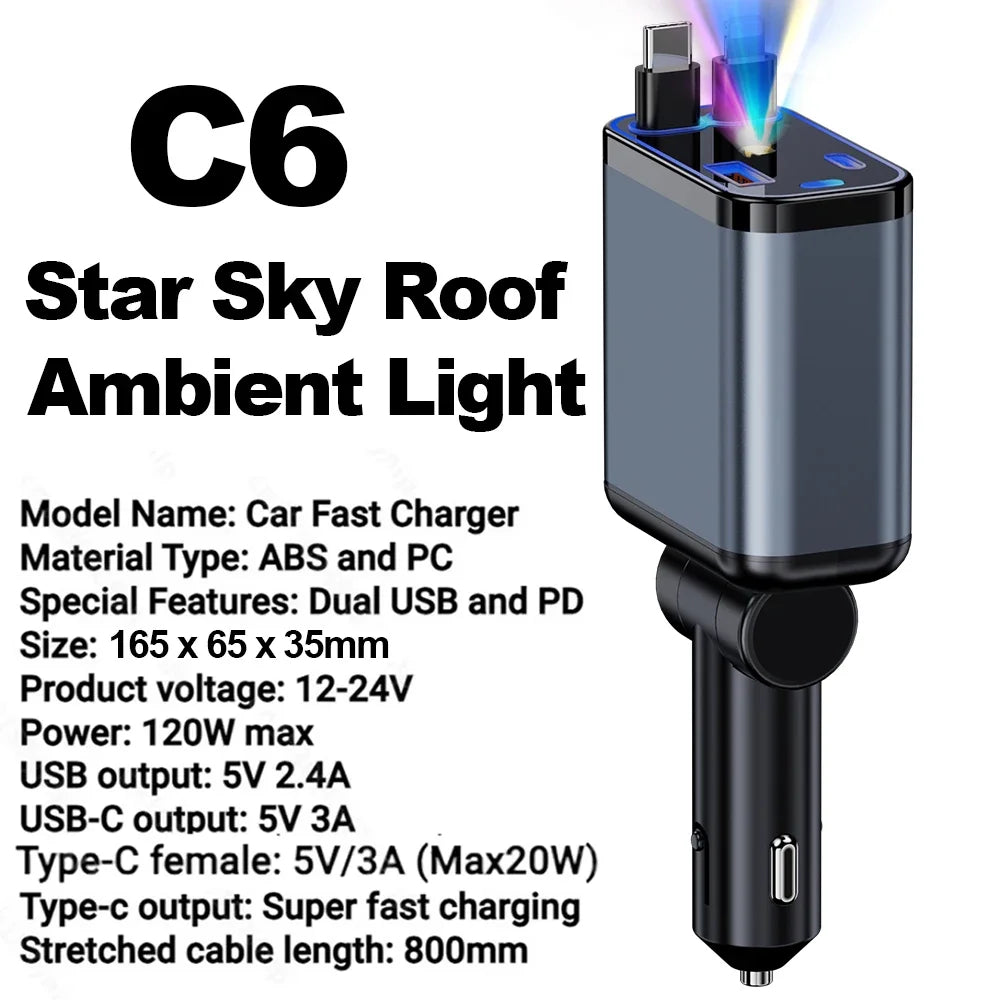 Retractable Car Charger with Starlight Type-C