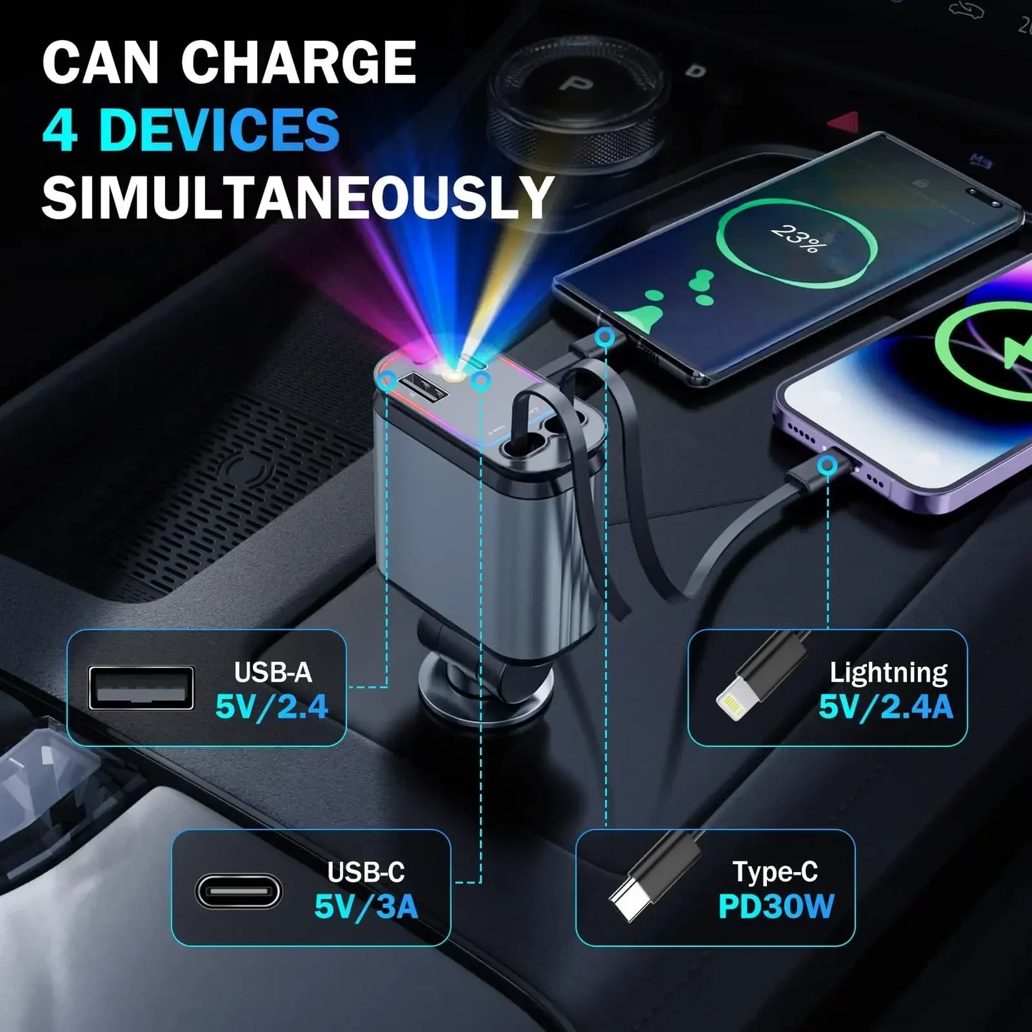 Retractable Car Charger with Starlight Type-C