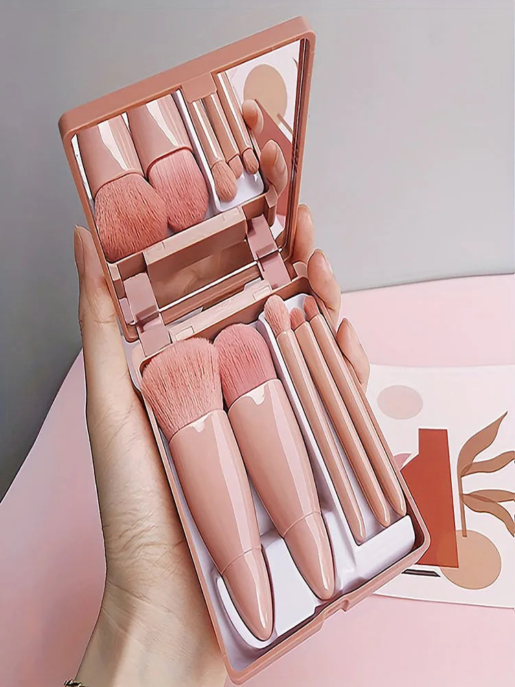 5-Piece Portable Makeup Brush Set with Mirror - Foldable Travel Kit